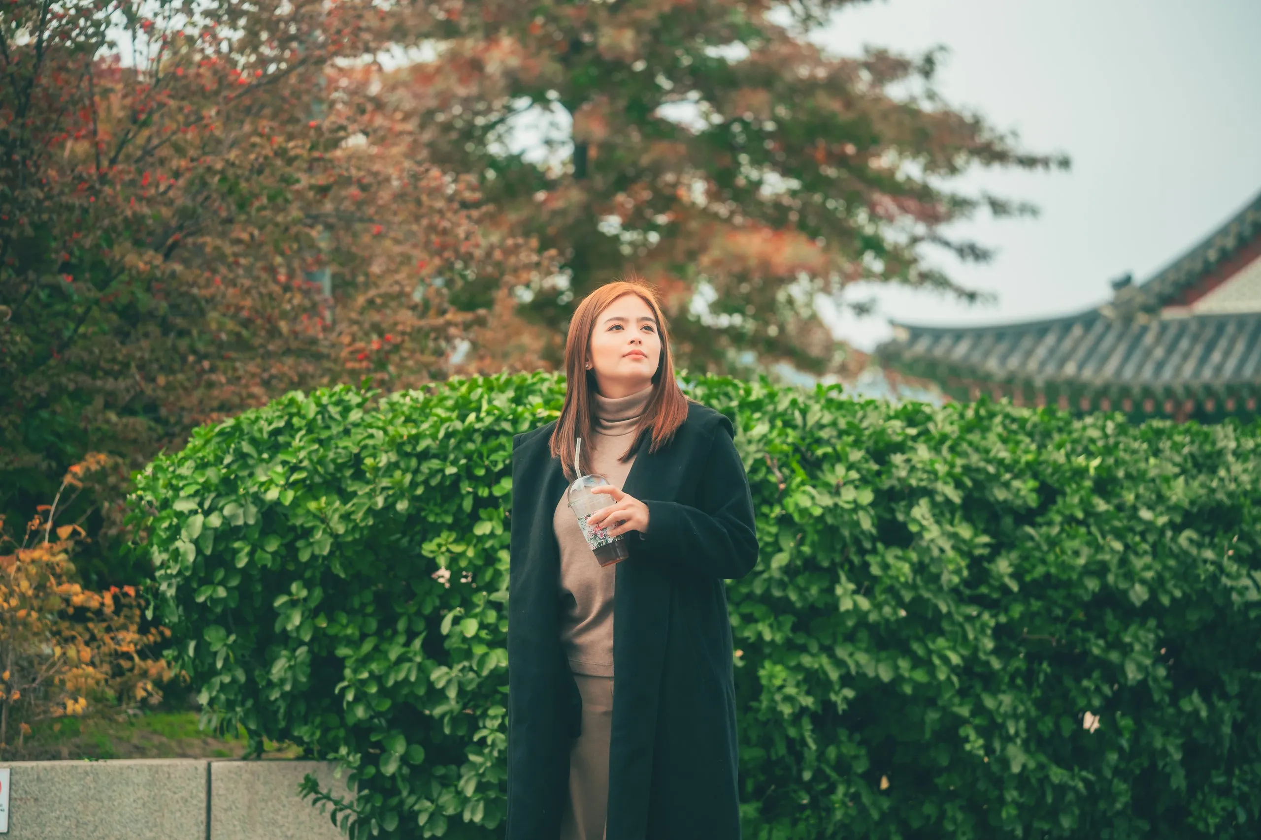 Bea Binene beside a hedge in an autumn lane in Seoul