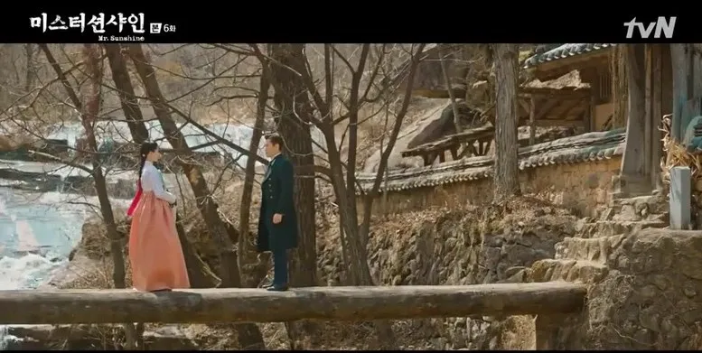 Go Ae-shin and Eugene Choi on the log bridge at Manhyujeong in Mr. Sunshine