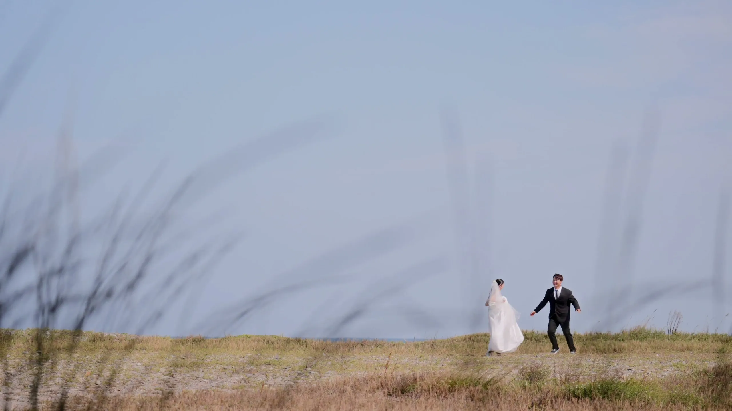 The couple small on a grass headland with the sea behind them, mountains on one side.